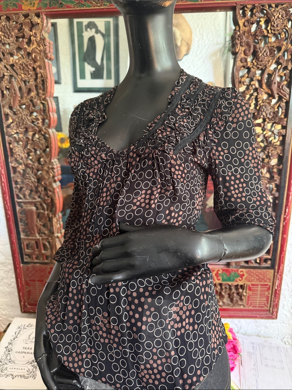 Women's Black & Brown Polka-Print Ruffle Blouse